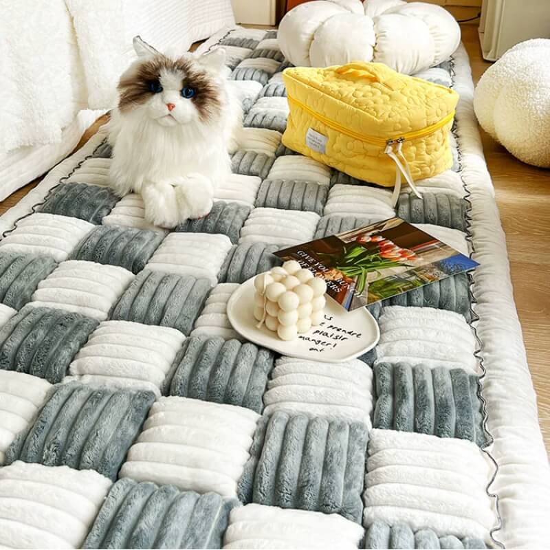 Cream-colored Large Plaid Square Fuzzy Pet Dog Mat Bed Couch Cover Home Bundle