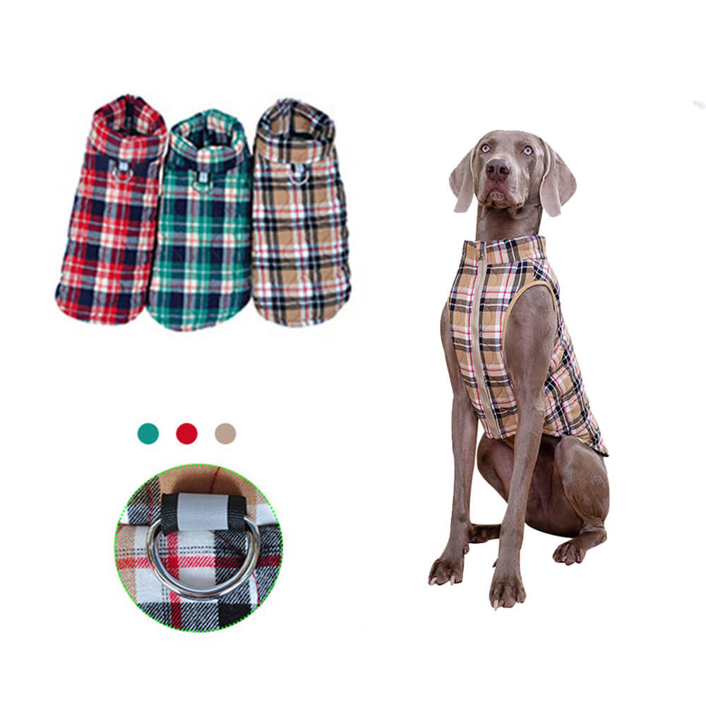 British Style Plaid Dog Vest Padded Jacket with D-Ring