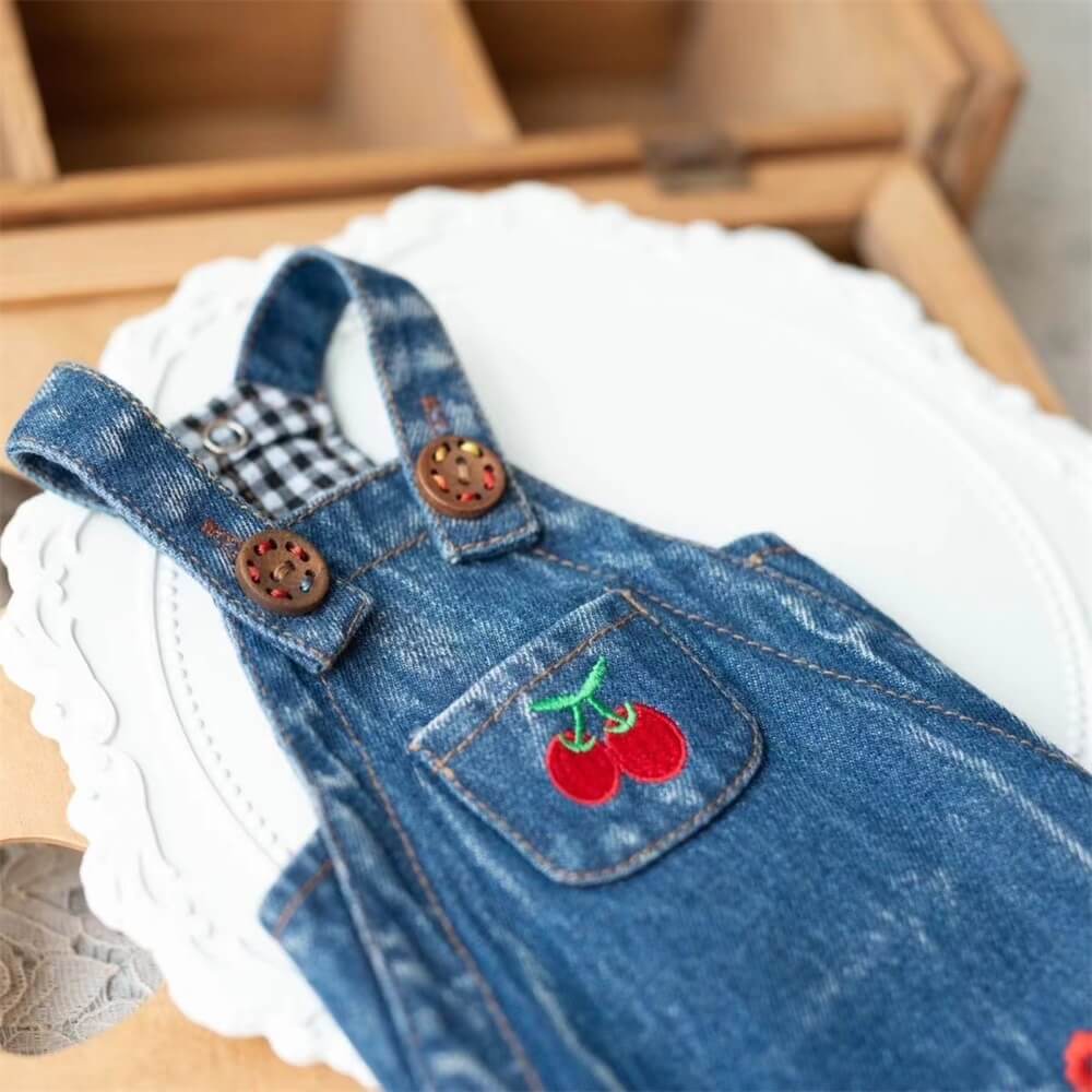 Cherry Embroidered Denim Dog Dress – Playful and Stylish for Everyday Wear