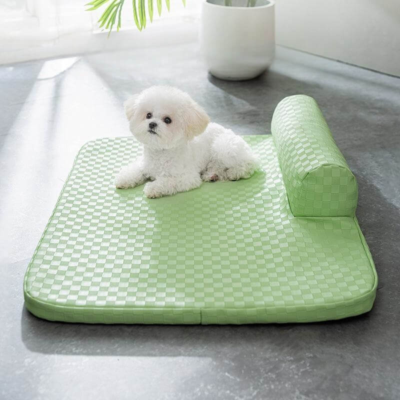 Cama para mascotas de cuero sintético con tablero de ajedrez, cama para perros resistente al agua y antiarañazos