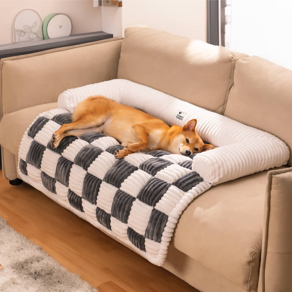 Cream Square Plaid Cozy Dog Mat Furniture Protector Cover Home Bundle 4pcs