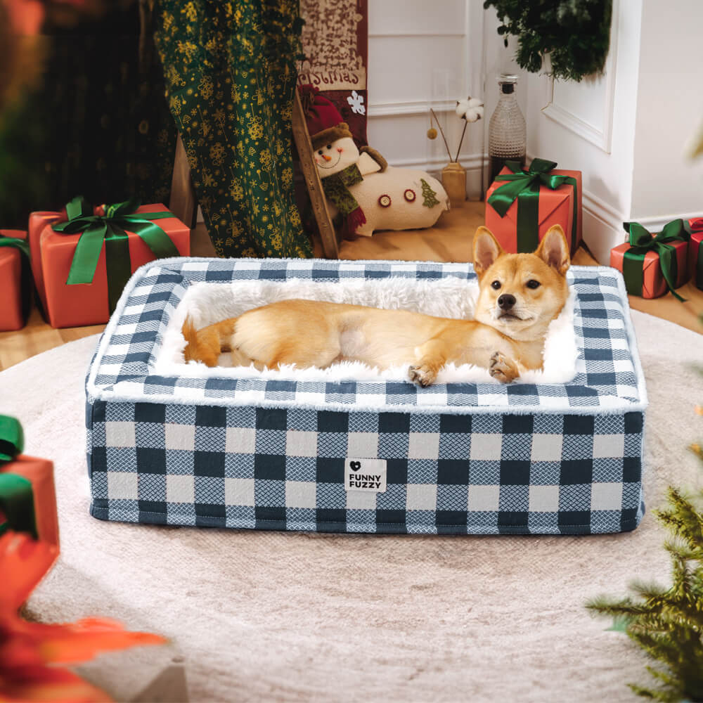 Festive Classic Tartan Cozy Dog Anti-Anxiety Calming Bed