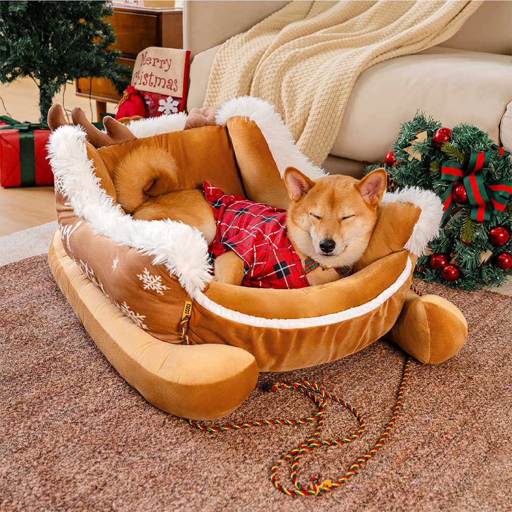 Festive Plush Cozy Dog Bed - Christmas Sleigh