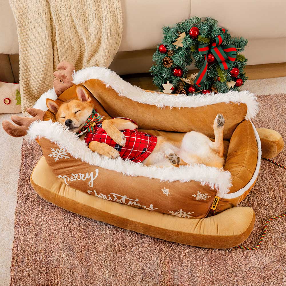 Festive Plush Cozy Dog Bed - Christmas Sleigh