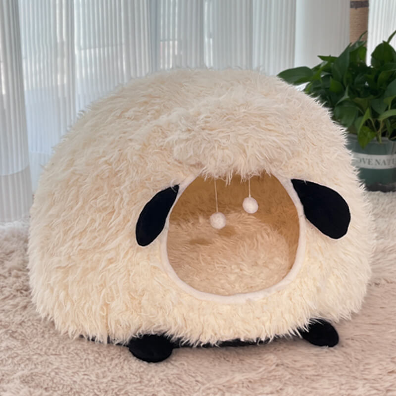 Fully Enclosed Warm Lamb-Shaped Cat Bed