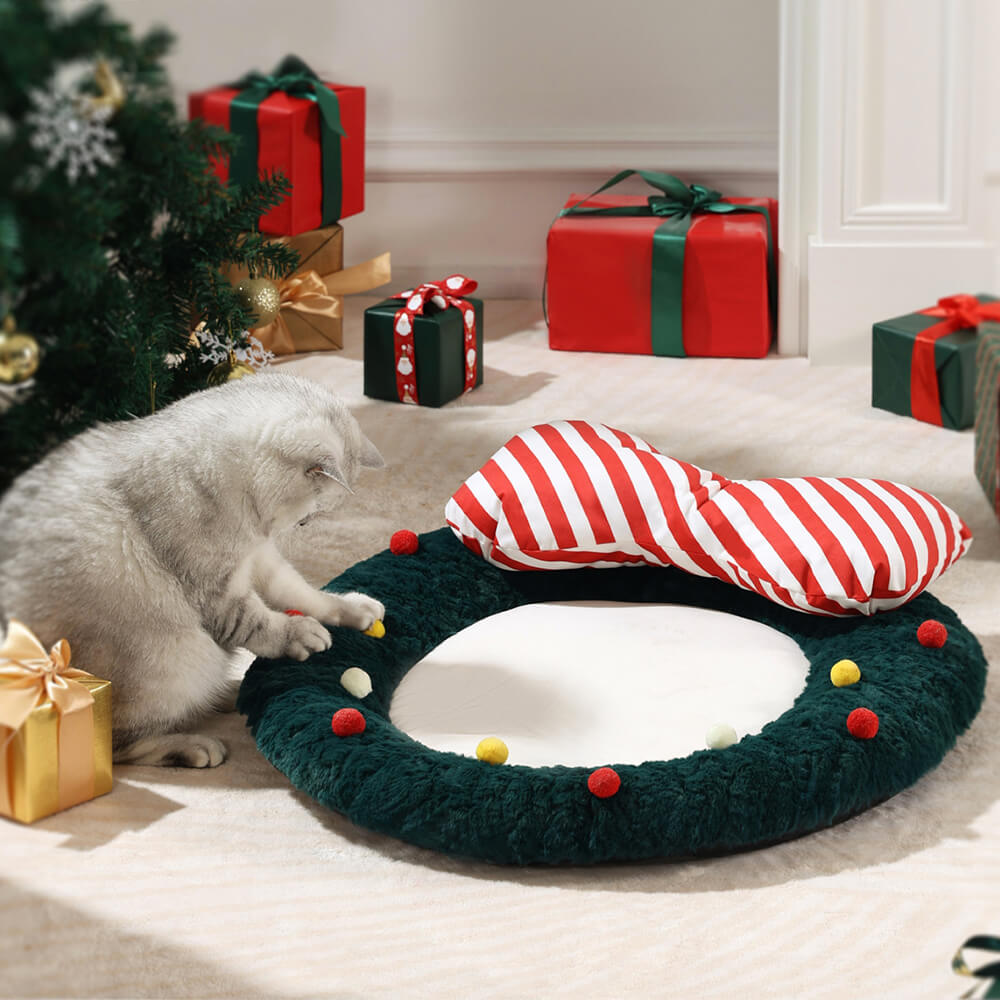 Christmas Bow Wreath Cozy Decor Support Pillow Dog & Cat Bed