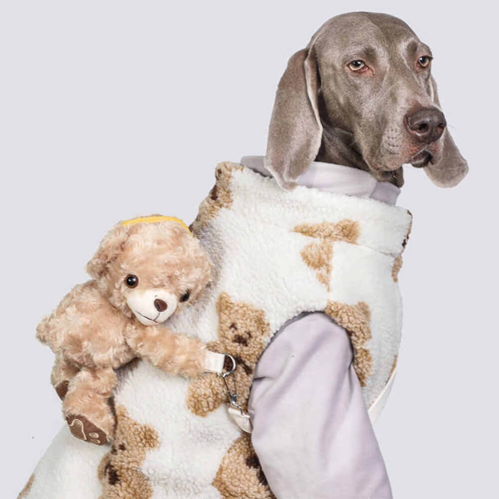 Durable Warm Faux Lambswool Dog Jacket with Teddy Bear Backpack