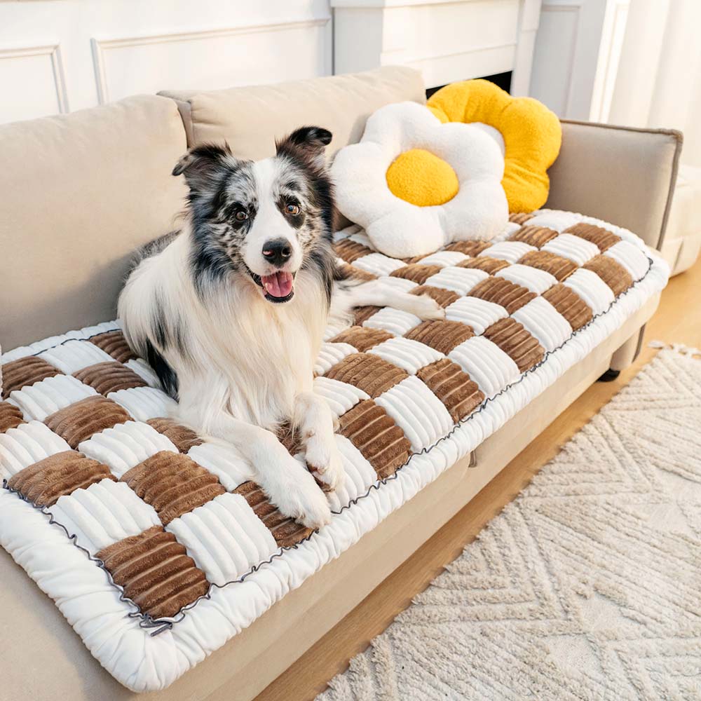 Cream-colored Large Plaid Square Fuzzy Pet Dog Mat Bed Couch Cover Home Bundle