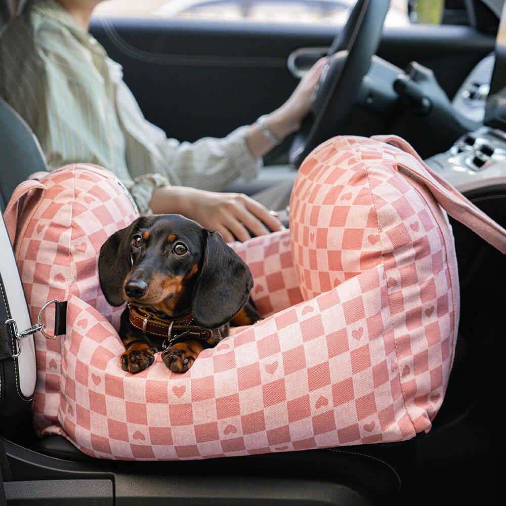 Cama de assento de carro para cachorro xadrez coração vintage