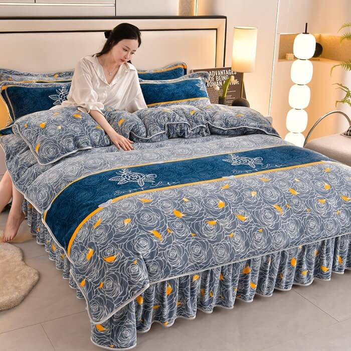 Homely Floral Milk Velvet Comfortable Bed Sheet Set With Bed Skirt