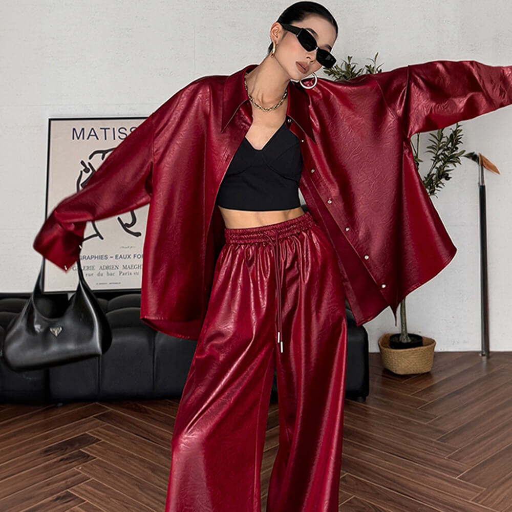 Luxury Satin Pleated Texture Women's Long Sleeve Shirt Set