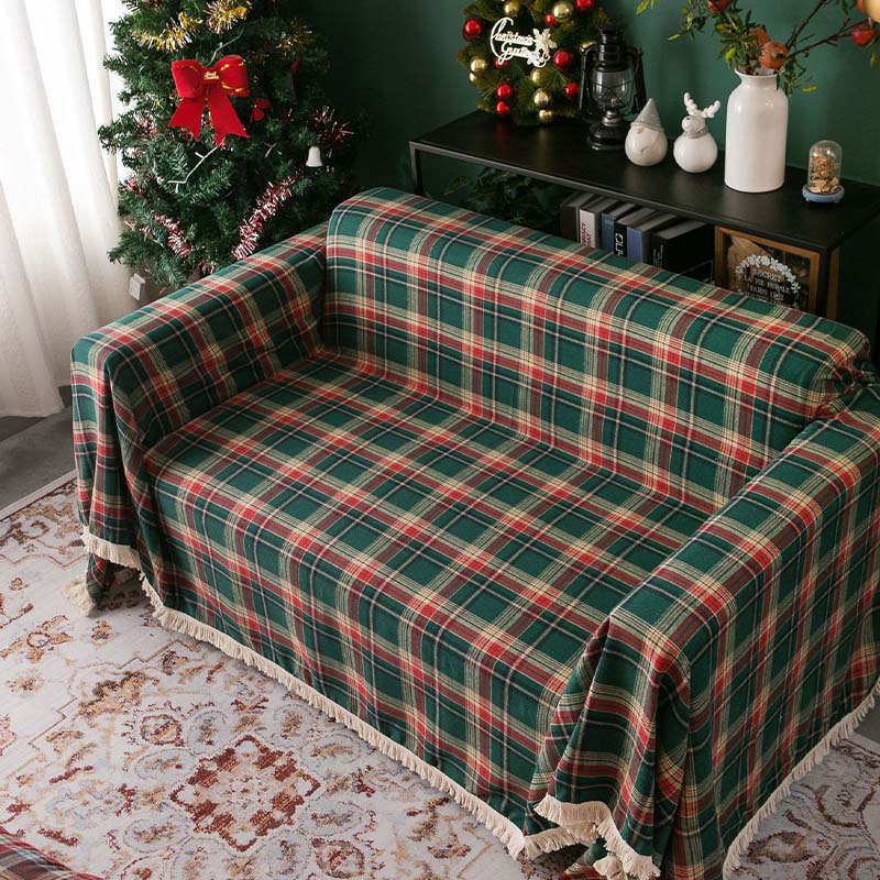 Vintage Christmas Style Plaid Blanket Full Wrap Couch Cover