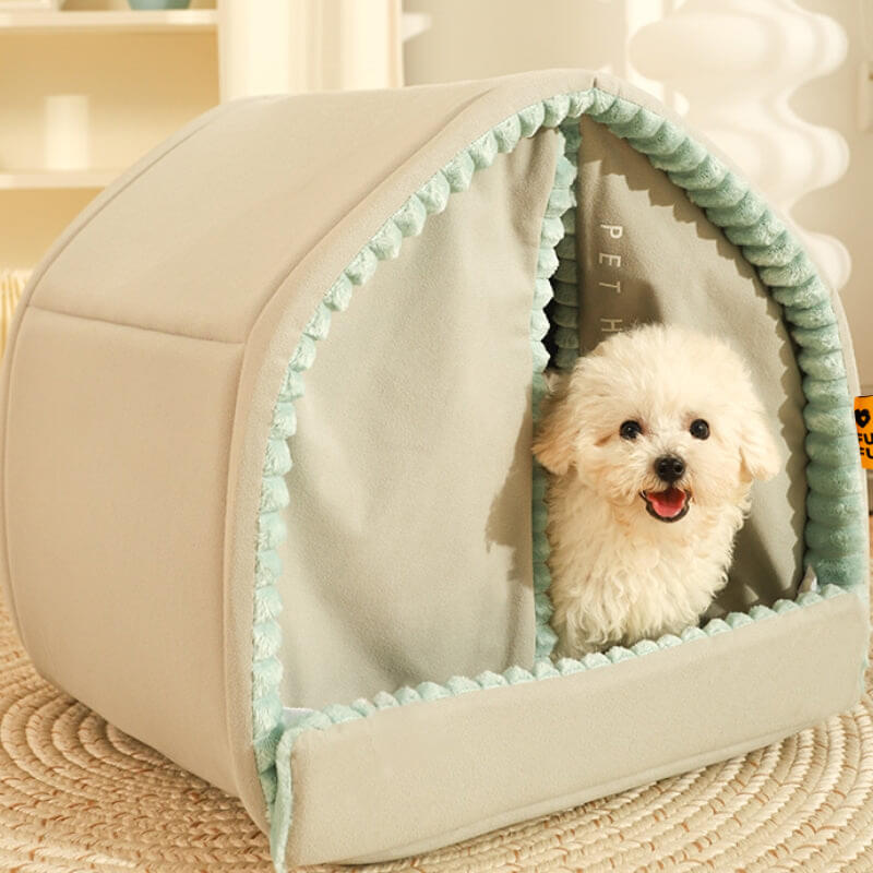 Double Curtain Pet House Enclosed Dog Bed