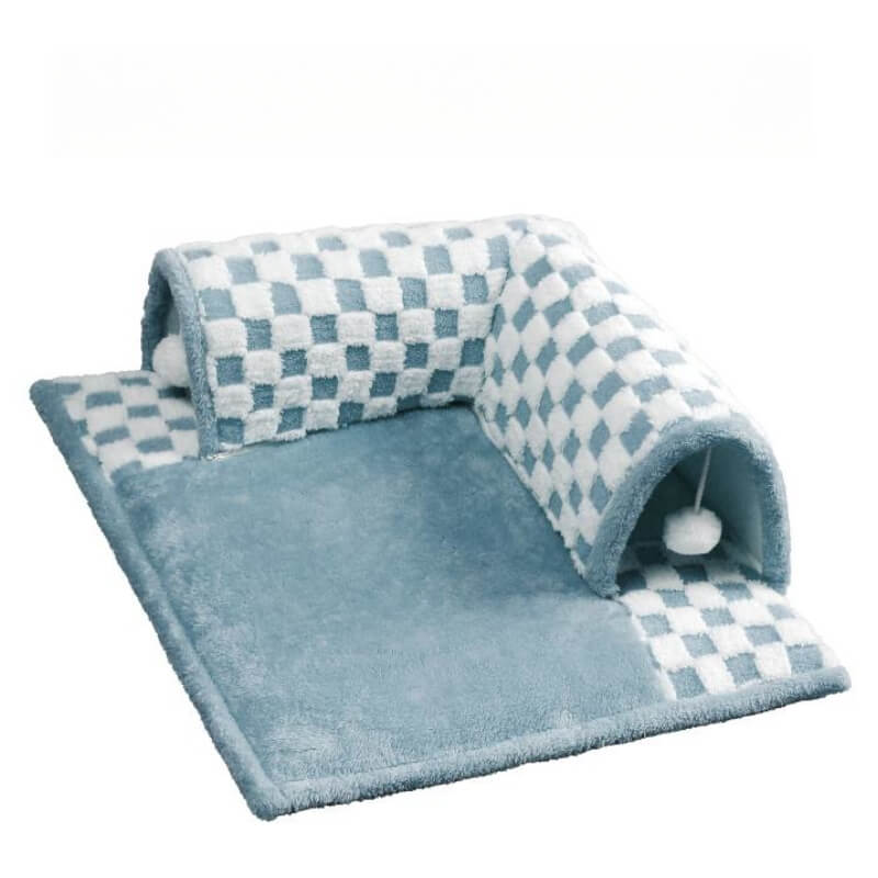 2-in-1 Funny Plush Plaid Checkered Cat Tunnel  Bed