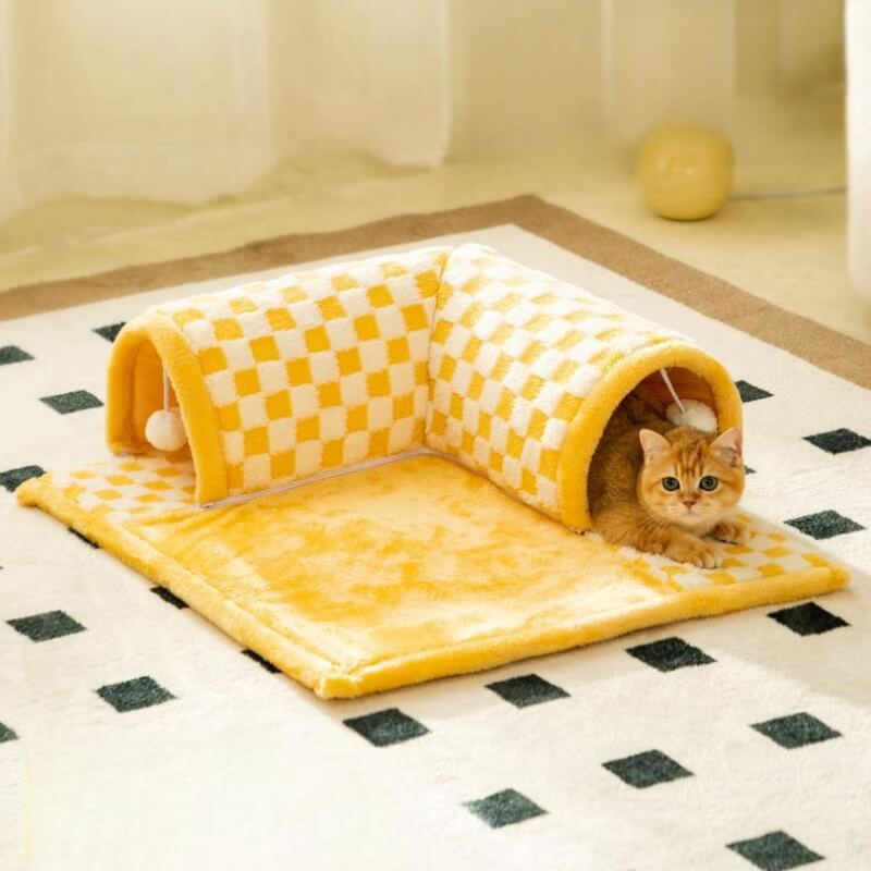 2-in-1 Funny Plush Plaid Checkered Cat Tunnel  Bed