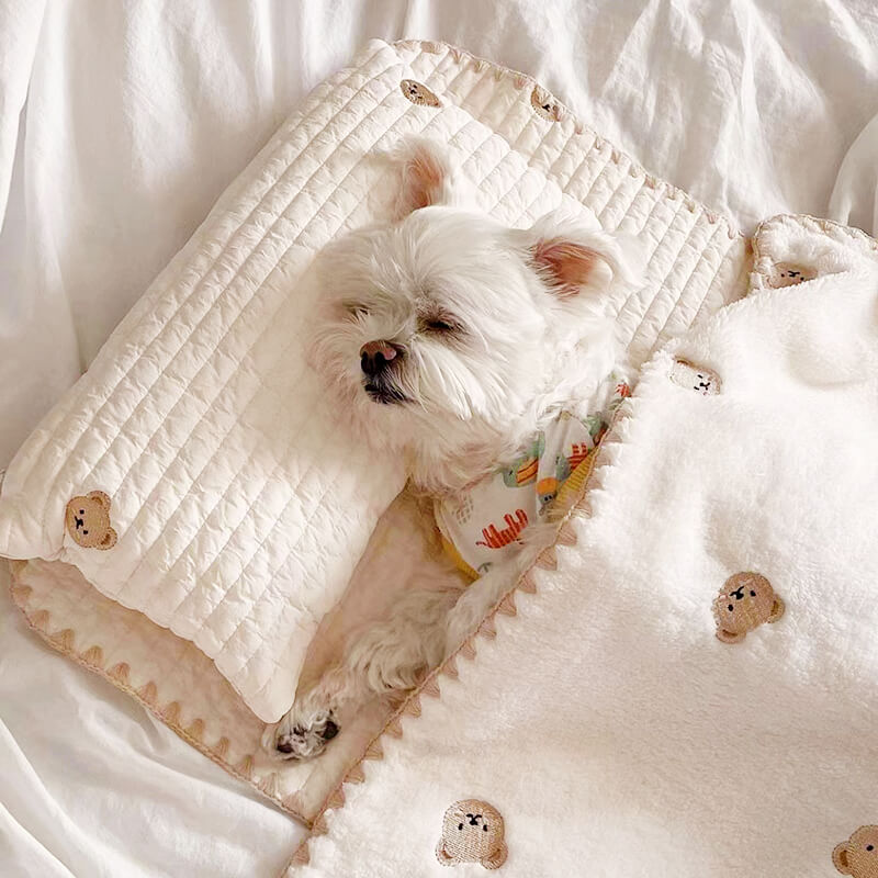 Conjunto de cama aconchegante com travesseiro de algodão bordado para animais de estimação